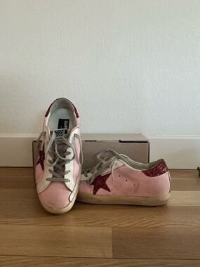 Golden Goose Pink Leather Sneakers with Red Glitter Star